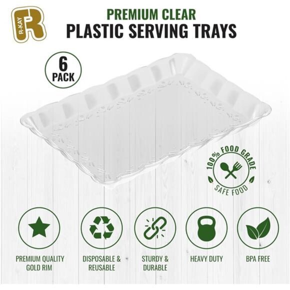 Clear Plastic Serving Trays  Heavy Duty Rectangular Party Food Platters 6 Pack - Picture 6 of 7